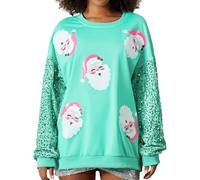 Springcmy Felpa da donna con paillettes glitterate di Babbo Natale scintillante a maniche lunghe casual girocollo pullover natalizio top streetwear, D Verde Chiaro, XXL