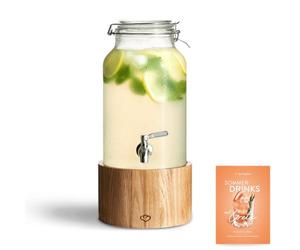 SPRINGLANE Greta Dispenser per bevande in vetro con rubinetto in acciaio inossidabile e supporto in rovere, distributore di limonata, barattolo di vetro dal design vintage (5 L)