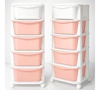 SPRINGOS Scaffale in plastica su ruote con 5 cassetti, organizer per giocattoli e cameretta dei bambini, colori pastello, sicuro e pratico
