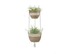 Springwillfly Elegante cesto da appendere per interni per piante utilizzando fibra vegetale in stile vimini sostenibile e capacità di visualizzazione a doppio livello (beige)