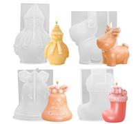 Sprinlot Stampo per Candele Natale, 4Pcs Silicone Stampo Pupazzo di Neve Campane Calze di Natale Alce, 3D Stampi per Fabbricazione Candele Natalizie, Regalo Natale Compleanno Amici di Famiglia