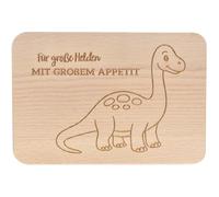 Spruchreif | Tagliere per la colazione "Per grandi eroi con grande appetito" Brachiosaurus | Tagliere per il pane in legno di faggio con motivo dino | Regalo per bambini e fan del Dino | 22 x 15 x 1