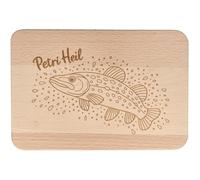 Spruchreif Tagliere per la colazione "Petri Heil", in legno di faggio con incisione, regalo per pescatori e amanti della natura, 22 x 15 x 1 cm, tagliere in legno sostenibile