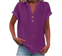 SPSMOKH Camicetta da donna in cotone e lino, estiva, con scollo a V, con bottoni, a maniche corte, tinta unita, da lavoro, casual, oversize, per tutti i giorni (viola, M)