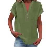 SPSMOKH Camicetta da donna in cotone e lino, estiva, con scollo a V, con bottoni, a maniche corte, tinta unita, da lavoro, casual, oversize, per tutti i giorni, in tessuto (verde, M)