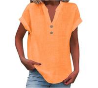 SPSMOKH Camicetta da donna in cotone e lino, estiva, con scollo a V, con bottoni, a maniche corte, tinta unita, da lavoro, casual, oversize, per tutti i giorni (arancione, M)