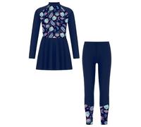 SPSMOKH Costume da bagno floreale per ragazze, a maniche lunghe, con leggings da nuoto, hijab burkini, 2 pezzi, colore blu navy, 11-12 anni