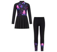 SPSMOKH Costume da bagno floreale per ragazze, a maniche lunghe, con leggings da nuoto, hijab burkini, nero, 9-10 anni, 2 pezzi