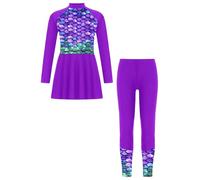 SPSMOKH Costume da bagno floreale per ragazze, a maniche lunghe, con leggings da nuoto, hijab burkini, viola, 5-6 anni, 2 pezzi