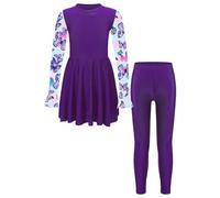 SPSMOKH Costume da bagno per bambine modesto, 2 pezzi, a maniche lunghe, top con leggings da nuoto, tankini da spiaggia (viola, 7-8 anni)
