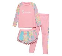 SPSMOKH Costume da bagno per bambini e bambine, 3 pezzi, UPF 50+, set da nuoto con pantaloncini e leggings (rosa, 3-4 anni)