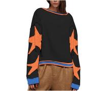SPSMOKH Maglioni da donna UK, felpa oversize con grafica a stelle, top autunnale, maniche lunghe, girocollo, spalle basse, vintage, con cappuccio leggero e sciolto (nero-1, XXL)