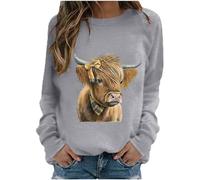 SPSMOKH Top da donna a maniche lunghe con stampa di mucca delle Highland, scollo rotondo, stile kawaii, stampa con lettere di mucca, casual, a maniche lunghe, per adolescenti, ragazze, felpa basic per