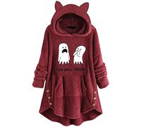 SPSMOKH Vestito da donna con cappuccio in peluche con orecchie da orso, a maniche lunghe, con cappuccio, con tasche, caldo e invernale, per la casa e per la casa, Vino - 06, XL