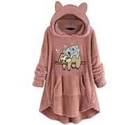 SPSMOKH Vestito da donna in peluche con cappuccio e orecchie da orso, a maniche lunghe, con cappuccio, con tasche, calda e invernale, per la casa e per abbigliamento da casa (rosa - 04, XL)
