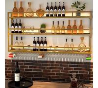 SPTZQURY Portabottiglie di vino da Parete con Portabicchieri da Liquore in Metallo Industriale Scaffale Galleggiante Mensola a 3 livelli Multifunzione Espositore per Vino con Guardrail (Gold, 120cm)