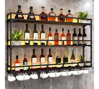 SPTZQURY Portabottiglie di vino da Parete con Portabicchieri da Liquore in Metallo Industriale Scaffale Galleggiante Mensola a 3 livelli Multifunzione Espositore per Vino con Guardrail (nero, 150cm)