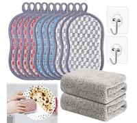 Spugnette Piatti, Jicyor 14 Pezzi Spugnette Cucina Set, Spugna Lavabile Riutilizzabile Cucina,Spugna Piatti Microfibra Doppia Faccia,Scrub Mommy Set con 2 Panni per Piatti e 2 Ganci