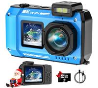 SPUNALP Fotocamera subacquea UHD 8K, 70 MP 33FT WiFi fotocamera digitale impermeabile con scheda da 64 GB, messa a fuoco automatica impermeabile selfie a doppio schermo batteria 2500 mAh, 18 x