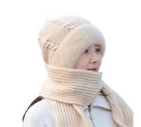 Spunklad Set da donna con protezione per le orecchie integrata, cappello e sciarpa, lavorato a maglia, spesso, in velluto, antivento, con cappuccio, invernale, caldo, beige