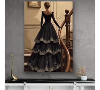 SPXLUCAU Elegante quadro su tela con abito da ballo nero su una scalinata, decorazione classica e moderna per il soggiorno (45x60 cm/senza cornice)