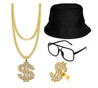 Spydge 4 pezzi 80s / 90s Costume Hip Hop Kit ,Cappello da Pescatore Occhiali da Sole Catena d'oro del Dollaro Anelli Accessori per Rapper