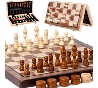 SQAQS 2 in 1 Set Magnetico di Scacchi di legno & Checkers Gioco da Tavolo, 15 Pollici di Legno Scacchiera con Pezzi Slot di Stoccaggio, con Scacchi Pieghevoli/Bordo di Stoccaggio Portatile