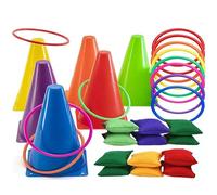 SQAQS 31PCS Coni Lancio Bag Anelli Bean Bag, da Esterno per Bambini Giochi, Set da Gioco del Lancio dell'anello, Coni di Plastica Anelli da Lancio per Bambini e Adulti, Secchio Set 18cm,Colore solido