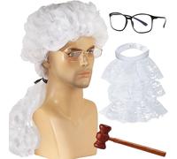 SQAQS 4PCS Parrucca da Giudice, Costume Accessorio per L'abbigliamento Del Giudice con Occhiali Mazzuolo e Collare, Parrucca Riccia da Avvocato, per Trucco a Tema Halloween(uomo)