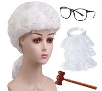 SQAQS 4PCS Parrucca da Giudice, Costume Accessorio per L'abbigliamento Del Giudice con Occhiali Mazzuolo e Collare, Parrucca Riccia da Avvocato, per Trucco a Tema Halloween(donna)
