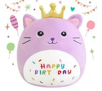 SQEQE Happy Birthday Stuffed Animal 10" Cat Soft Toys with Crown Cute Plush Pillow Cat Plush Toy for Kid Girl Boy Purple 25 cm