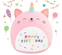 SQEQE Happy Birthday Stuffed Animal Cat Soft Toys Cute Plush Pillow Unicorn Cat Soft Plush for Kid Girl Boy Pink 35 cm