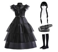 SQINGG Costume da mercoledì Addams per la Giornata Mondiale del Libro per ragazze, abito gotico gotico con cintura, parrucca, calzini, nero elegante abito da festa per ragazze (160)