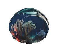Squali sotto il mare Cuffia da doccia stampata, riutilizzabile, appositamente progettata per i capelli lunghi delle donne, struttura a doppio strato, adatta per il bagno.