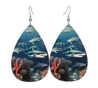 Squali sotto il mare orecchini in pelle stampata a doppia faccia int e forma di gocce d'acqua, creativo, leggero e romanzo, colori vivaci e vivaci.