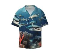 Squali sotto il mare Uomini Colletto cubano Manica Corta Button Down - Casual Beach Resort Vacanza Camicia, Nero, 4X-Large-5X-Large