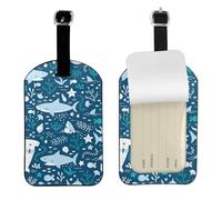 Squalo sorridente Animali marini Pesci Stelle marine Blu,Etichette per bagagli in pelle PU, etichette per bagagli resistenti da viaggio, 2 pezzi