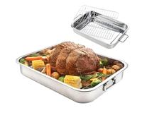Square Baking Pan - 16.54x12.6x2.56 Inches Roasting Pan | Stainless Steel Baking Pans with Rack and Handle | Stainless Steel Cooking Supplies for Home Cooks Thanksgiving Holiday Entertainers Beginners