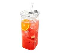 Square Drinking Glass - Clear Beverage Cup, Straw Lid Coffee Tumbler Vessel