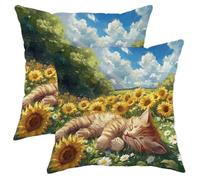Square Federe Sunflower Cat Yellow Flower Animal Set of 2 Quadrate Fodere Cuscini Decorativi per