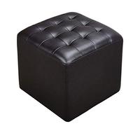 Square Leather Upholstered Cube Pouf Ottoman Footstool Solid Wood Living Room Coffee Table Bench Beige 40x40x35cm