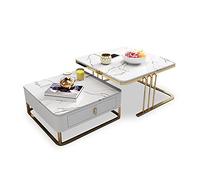 Square Nesting Coffee Table Set Modern Accent Table Desk with Storage Drawer Space Faux Marble Glasses Top and Metal Frame for Living Room Office Balcony B 6070CM (A 60 * 70CM)