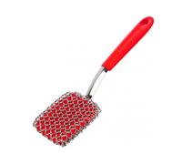 (Square,Red)Cast Iron Scrubber with Silicone Handle - Durable Chainmail Dish Cleaning Pad