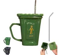 Squatting Toilet Shape Ceramic Mug,14oz Funny Squat Toilet Mug with Lids,Novelty Toilets Mugs with a Detachable Stainless Steel Straw,Personalized Cup for Men Women (Green)
