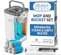 SqueezyPeasy Set di mocio piatto premium e secchio di alta qualità, separa l'acqua pulita e sporca, compatto e leggero, sistema di pulizia del pavimento a 3 camere, testa rotante a 360°, 5 panni in