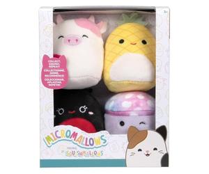 Squishmallows Micromallows Original - Confezione da 4 peluche - coccinella Trudy, mucca Caedyn, ananas Maui e fungo Minya