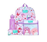 Squishmallows Set di 4 Pezzi Scuola | Set di Zaino e Borsa per il Pranzo per Bambini con Astuccio e Bottiglia d'Acqua | Zaini per Bambini | Merchandise Ufficiale