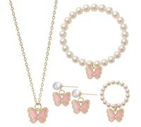 squishy Set di 5 collane per bambini per ragazze, set di gioielli con farfalla con perle, collana, braccialetto, anello e orecchini, adatto per feste di compleanno, feste a tema, giochi di