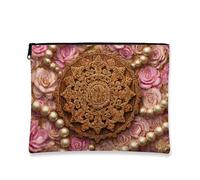 Squisita borsa per il trucco floreale, elegante astuccio da viaggio in legno con mandala con motivo a rose, per donne, elegante organizer portatile in tela con cerniera, scelta perfetta per festival
