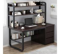 Squisito Computer con Gabbia E Libreria, Home Office con 3 Cassetti Studio Industriale Scrivania Postazione di Lavoro per Casa E Ufficio, Black Walnut, 47 inch